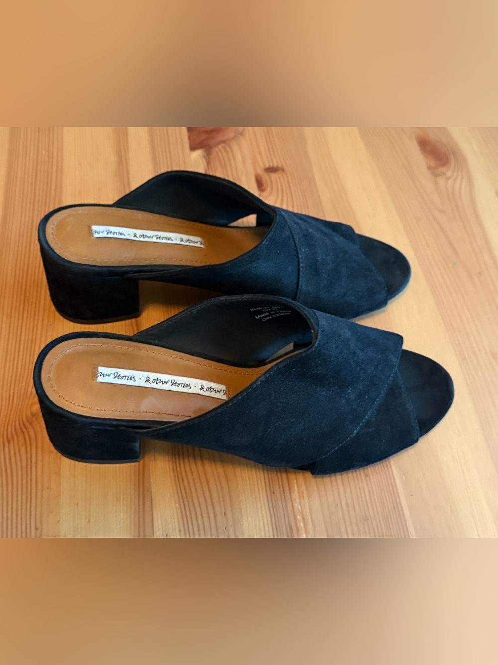 & Other Stories Black Suede Open-Toe Block Heel Mules